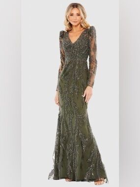 Mac Duggal Olive Beaded V-Neck Long Sleeve Evening Gown